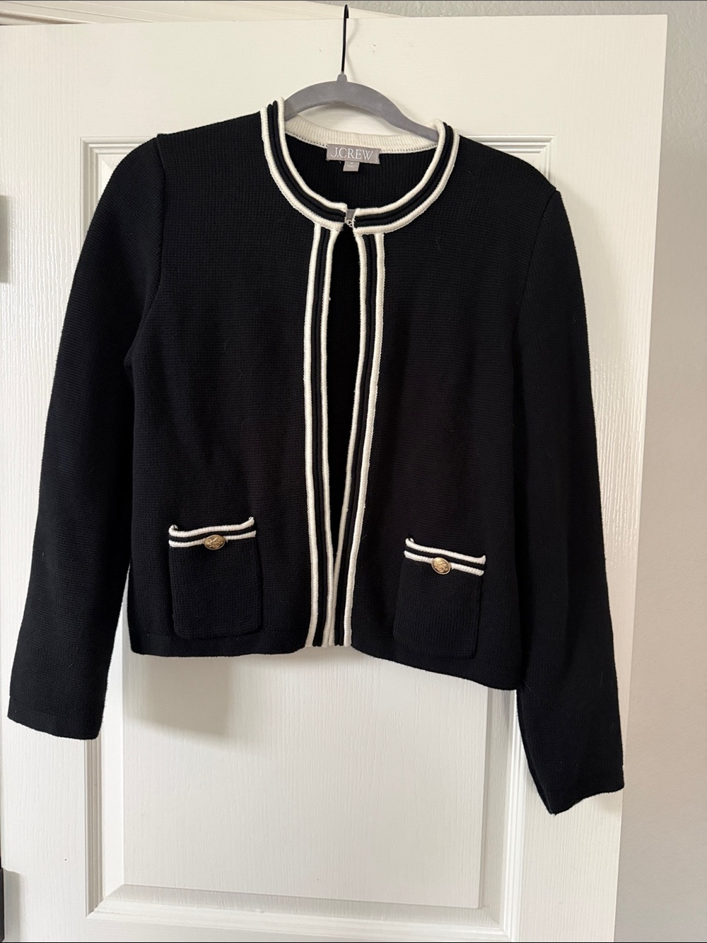 J. Crew Black Knit Jacket with White Trim